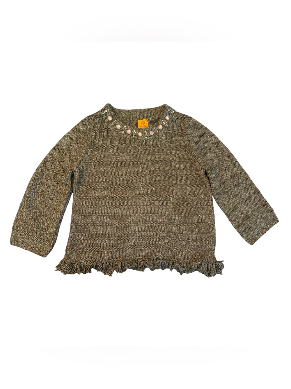 Ruby Rd. 1/4 Sleeve Sweater Gem Collared Fringe Gold Shimmer Pullover Sz Large